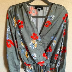 Lulus medium sized floral silk bodysuit - deep v neck line with snap closure.